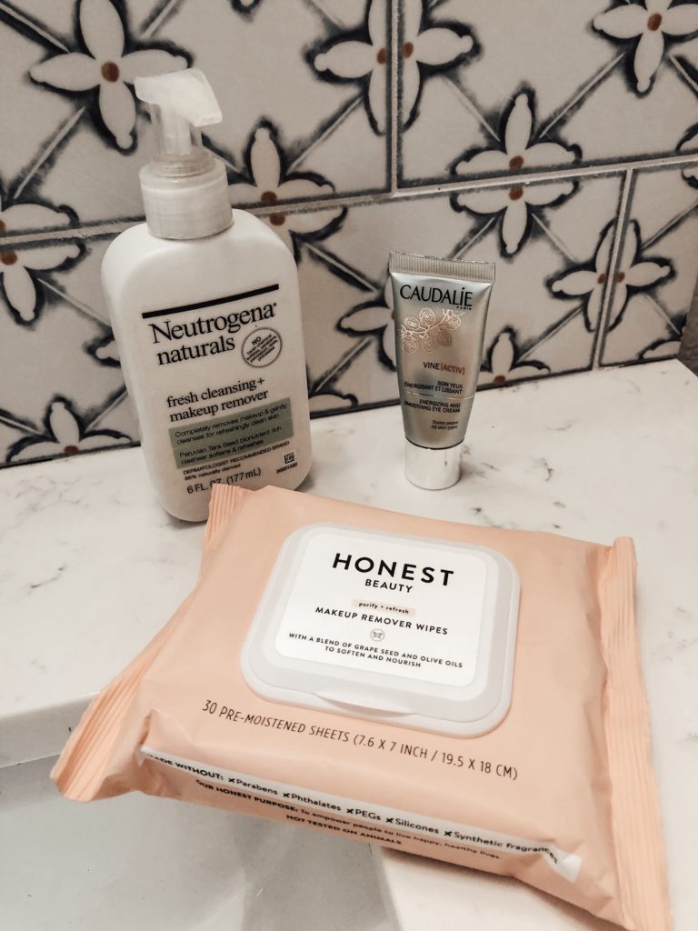 Fresh cleansing + makeup remover, eye cream, and makeup removing wipes. 
