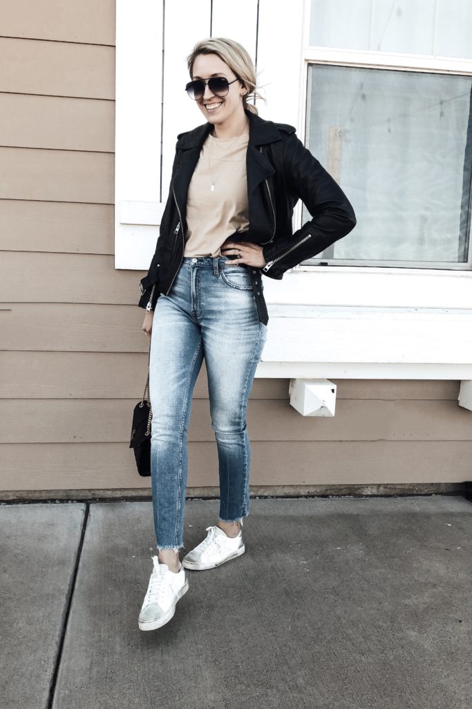 Styled with boyfriend tee, jeans, and sneakers